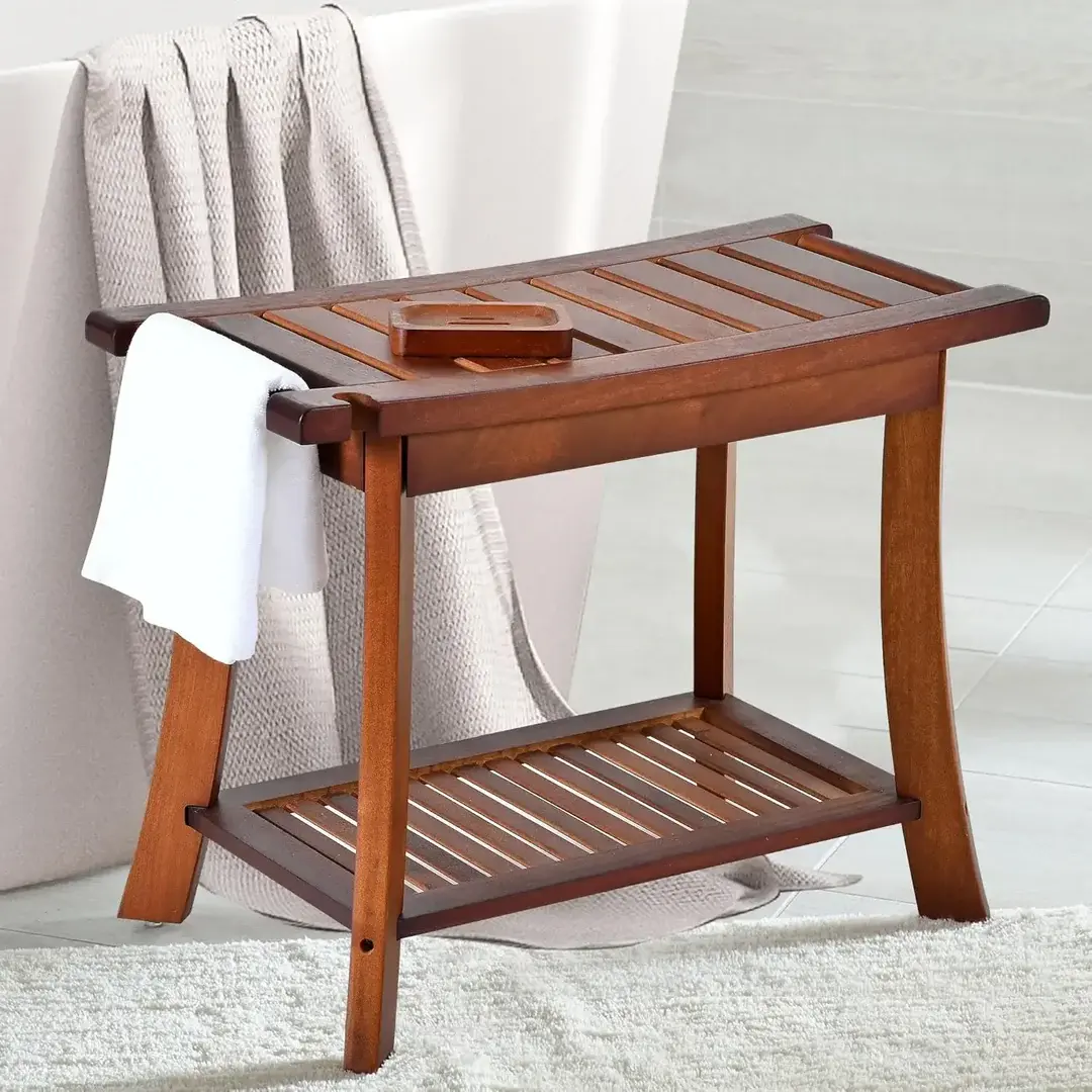 Ez Teak Waterproof Shower Bench with Storage Shelf - 24-Inch Non-Slip Seat