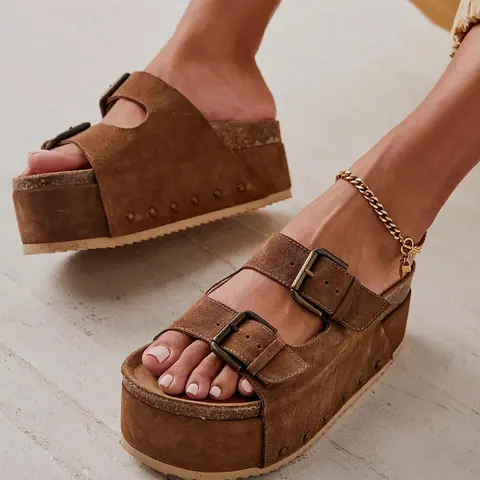 Imily Bela Women's Cork Platform Sandals Slip on Mules and Clogs Double Buckle Straps Summer Shoes