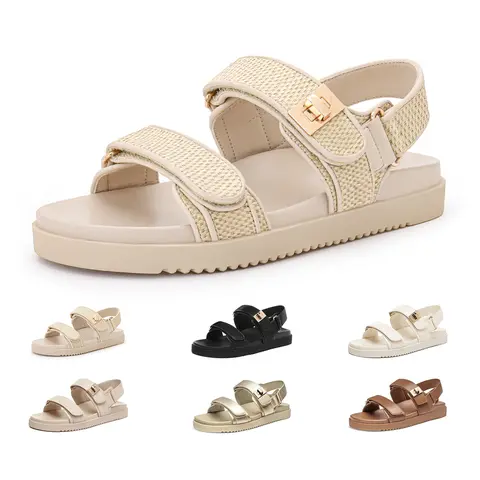 Rihero Women's Multi Strap Flat Sandals - Padded Adjustable Slip-On Leather Footbed, Soft Material, Gold Tone Hardware, Non-Slip Outsole, Walking Shoes, Minimalist All Seasons Back to School Footwear,outdoorfun