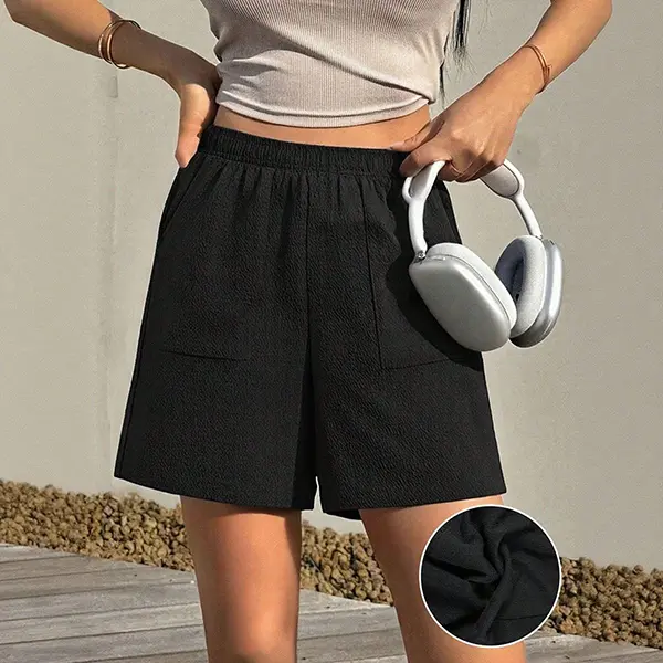 Teen Girls Textured Woven Casual Shorts, Elastic High Waist Loose Fit Pocket Summer Bermuda Bottoms for Back To School Daily Wear