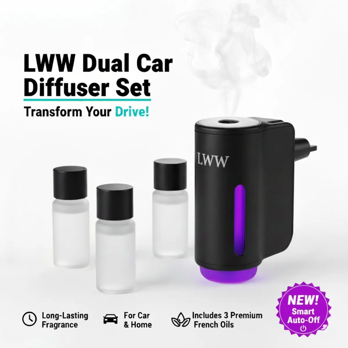 LWW Car Aroma Diffuser | Auto-Off, Long-Lasting Scent for Car & Home | Set of 3 Premium French Oils Included, Car Smell Products, Premium Vehicle Accessories