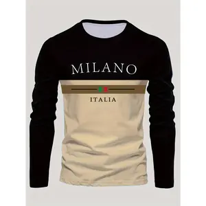 Le Yue Si Men's Velvet Long Sleeve T-shirt - Milan Italian Pattern Print, Black and Beige Contrast Design, Autumn/Winter Casual Sportswear, Medium Stretch Fabric, Comfortable Round Neck