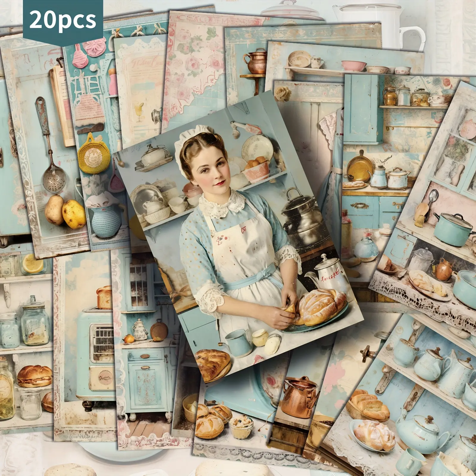 Set of 20 Retro Blue Kitchen-Themed Postcards - 4X6 Inches (No Envelopes)