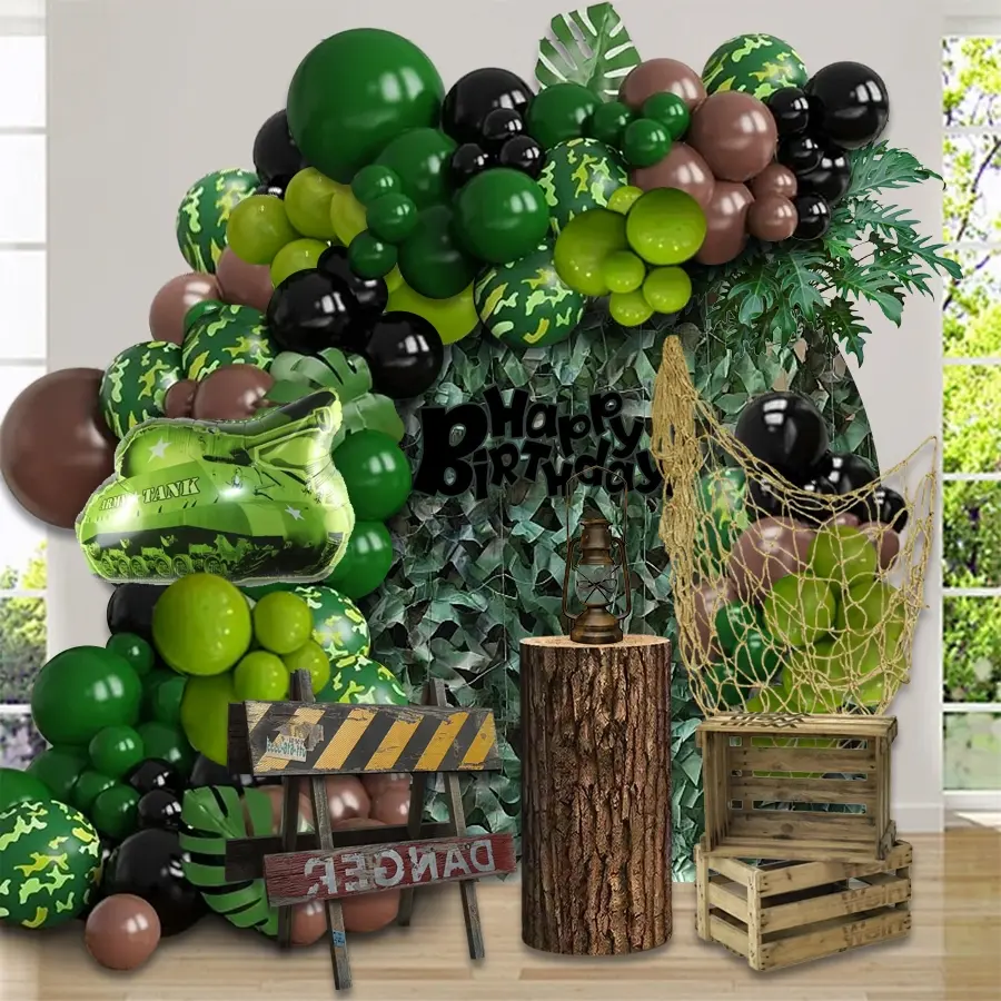 111pcs camouflage tank themed balloon arch set, Balloon arch kit, simulation leaf tank with camouflage green card, black latex balloons suitable for children's outdoor birthday party, bachelor outdoor party decoration