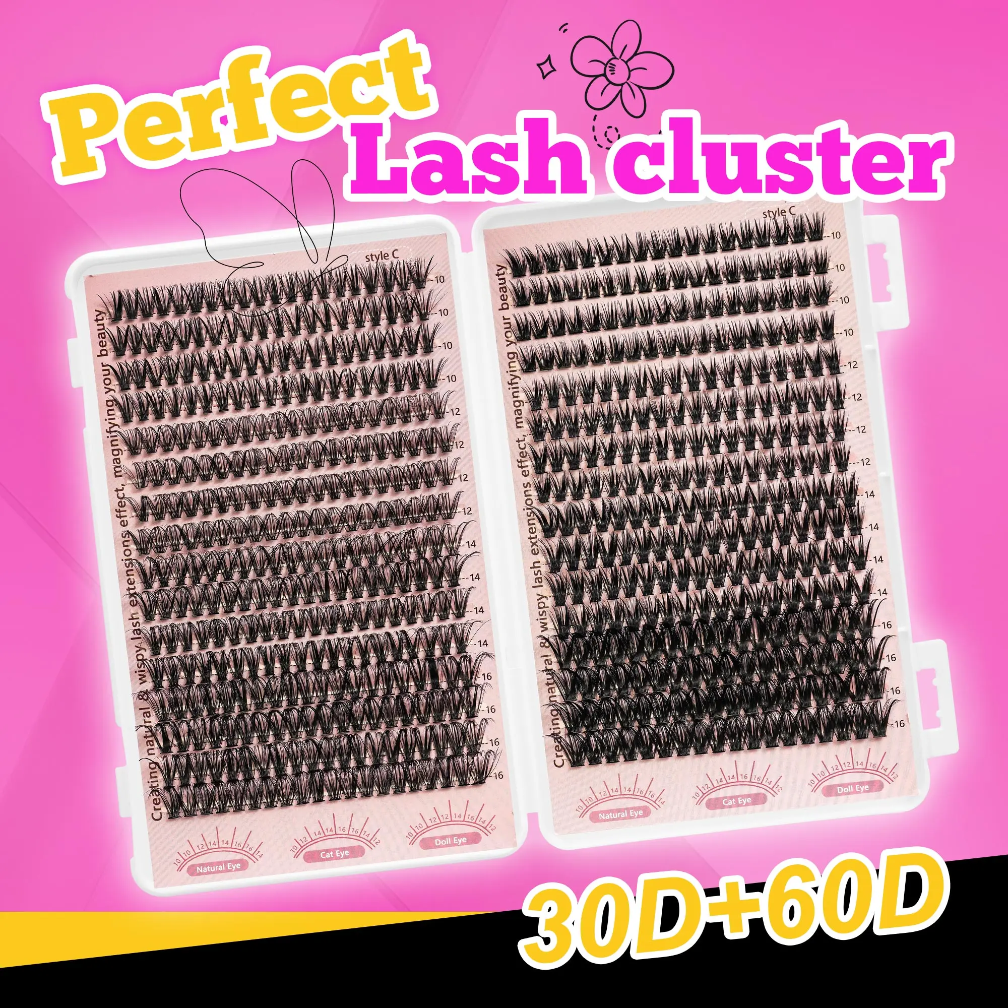 30P+60P Two Mixed False Eyelash Extension Set Large Capacity 608PCS C Curl 10-16mm Mixed Eyelash Thick Lightweight False Eyelash Makeup Essential False Eyelash