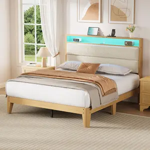 Garvee Boucle Upholstered Bed Frame with LED Lights and Built-in Charging Station, Available in Full, Queen, and King Sizes, Features Noise-Free, Easy Assembly, Wooden Slats, No Box Spring Needed, and Storage Headboard Options