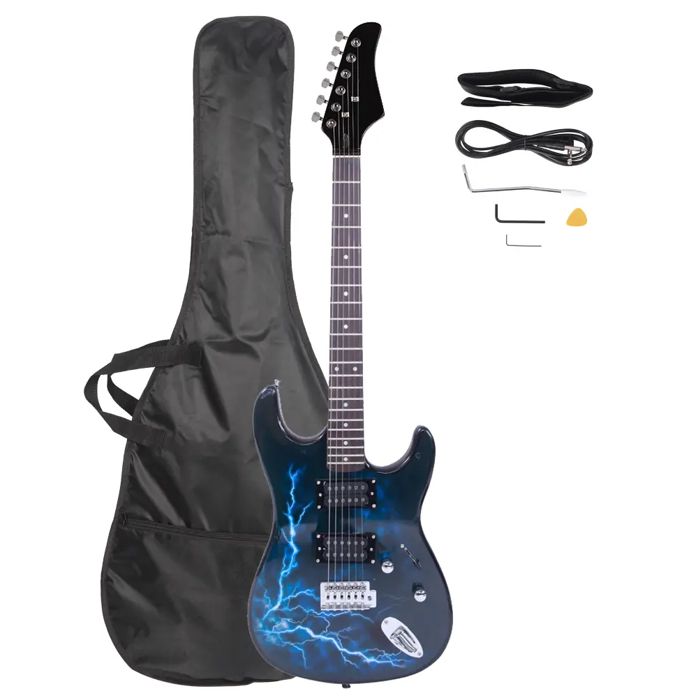 Lightning Electric Guitar Bundle Black Dark Blue with Bag Strap Picks