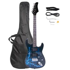 Lightning Electric Guitar Bundle Black Dark Blue with Bag Strap Picks