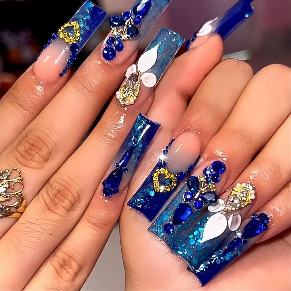 Blue Press on Nails, Long Length Square Shape with Rhinestones Designs for Mother'S Day Gift 24pcs