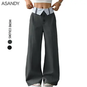 ASANDY Women's High-Waist Wide-Leg Bottoms - Trendy Style, Front Button Closure, Loose Fit, Shirt Collar, Comfortable Casual Pants for Large Sizes