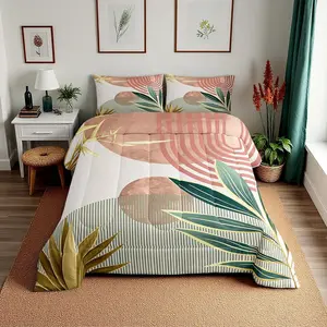 Mid Century Boho Bedding Set,Abstract Retro Minimalist Comforter Set,Girls Women,Modern Bohemian Aesthetic Bedding Sets, Simple,Pink Quilt