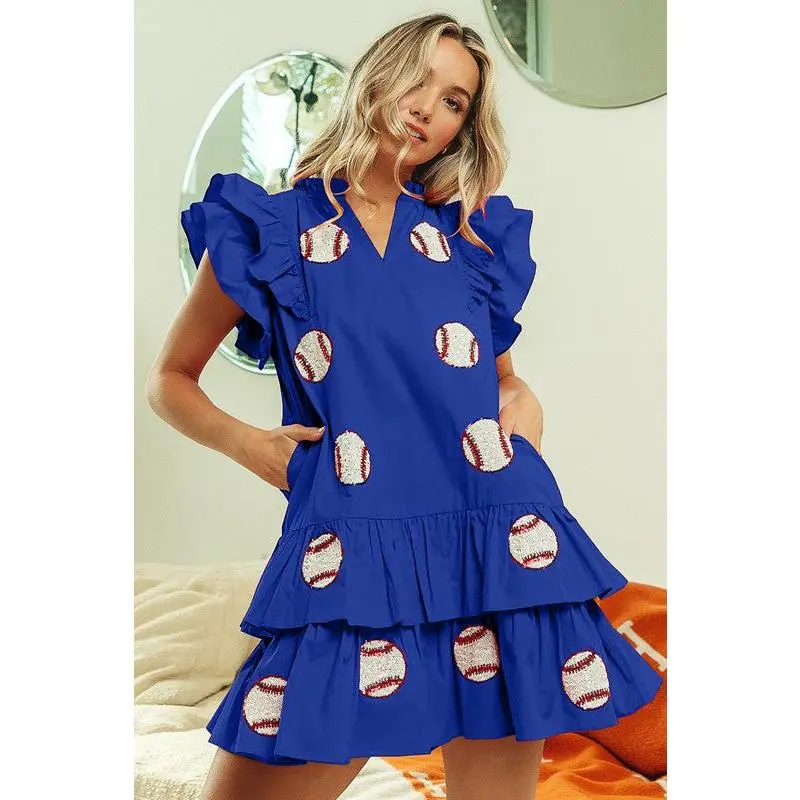 Sequins Baseball Patch Gameday Dress Royal