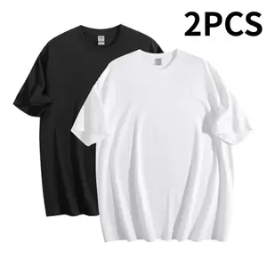 Two-piece set  heavy pure cotton short-sleeved T shirt for men summer men's and women's  loose white solid color T shirt