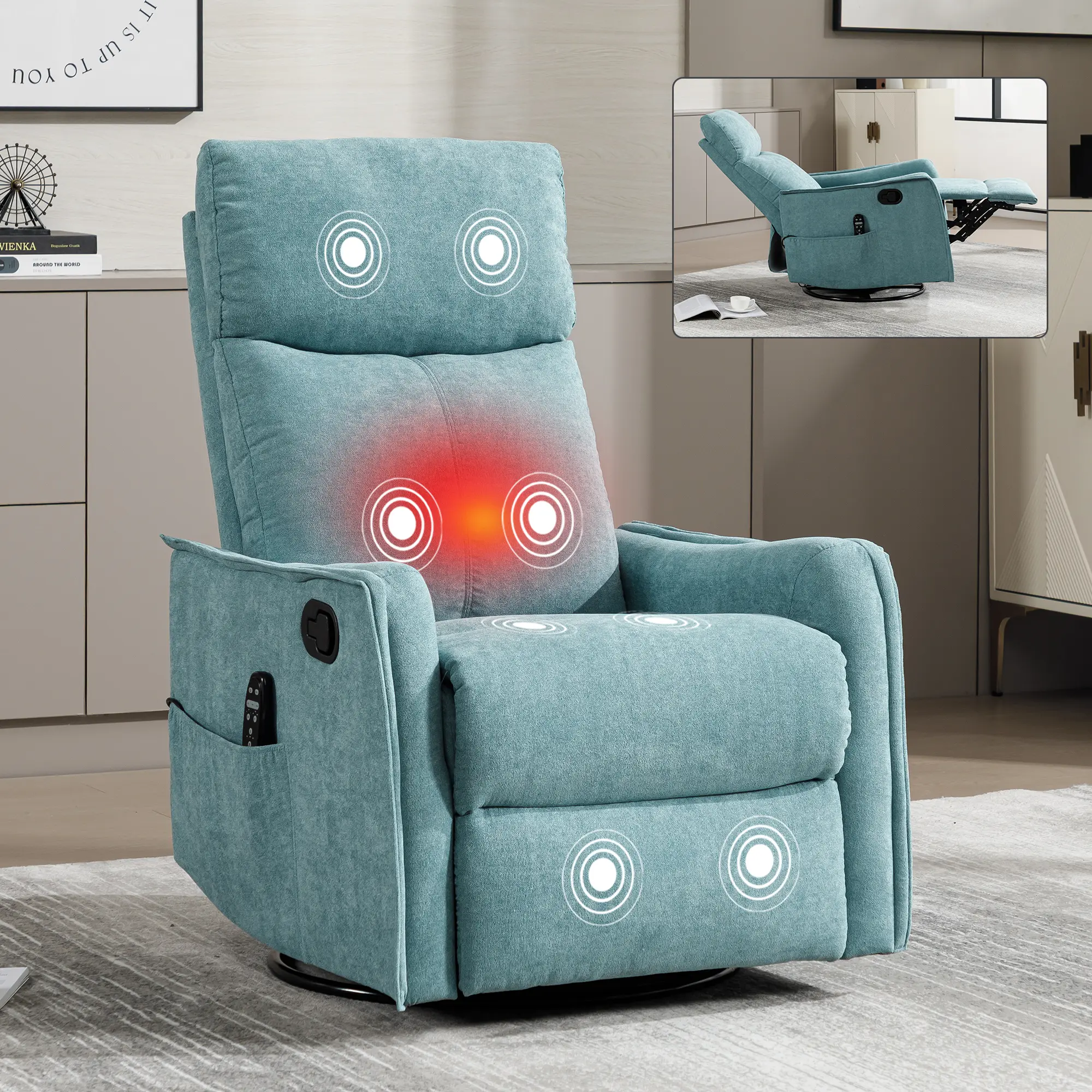 Swivel Rocker Recliner Chair with Heat and Massage, Nursery Rocking Chair for Adults, Glider Reclining Chair for Small Space Living Room Bedroom, Blue-Green