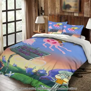 SpongeBob SquarePants riding a jellyfish, Patrick Star, and Squidward 3-piece bedding set, suitable as a gift.