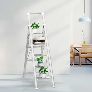 5 Step Ladder for 10  High Ceiling, Folding Step Stool Stepladders with Anti-Slip and Wide Pedal for Home and Kitchen Use Space Saving (White)