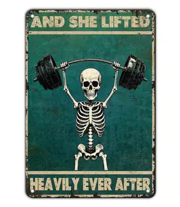 Skeleton Vintage And She Lifted Heavily Ever After Metal Tin Sign 8x12 Inch Gym Metal Poster Funny Skull Gym Tin Sign Home Kitchen Garden Bar Coffee Restaurant Bathroom Are Wall Decor