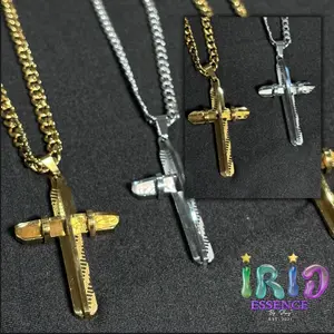 Gorgeous Silver Cross Pendant with Design & Figaro Chain 23 Inches Long Stainless Steel Necklace for Men Women