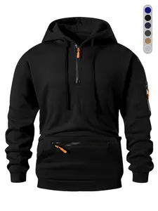 Men's Fall Winter Hooded Sweatshirt, Casual Loose-Fit Half-Zip Long Sleeve Pullover with Zipper Pocket Design, Perfect for Holidays & Daily Wear
