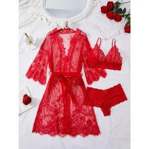 Elegant Japanese Style Bathrobe and Robe Set Semi Sheer Lace Wavy Two Piece with Matching Underwear for Spa Wedding Special Occasions