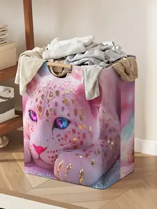 A pink open-style storage box with a cheetah pattern print, a foldable storage and laundry basket, a storage bag with a handle, suitable for home use in the bathroom, and a foldable laundry basket for storing dirty clothes