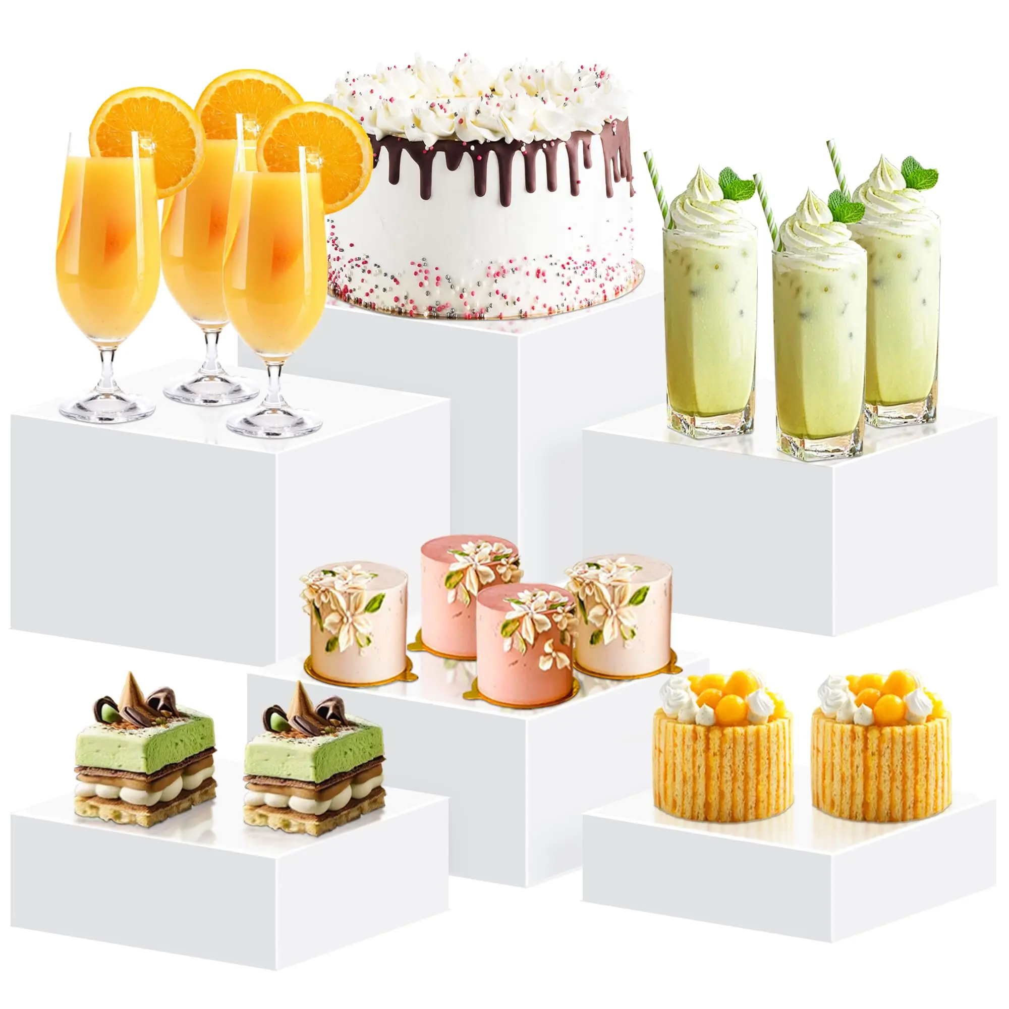 6Pcs Buffet Risers, Food Risers for Buffet Table, Acrylic Cube Display Risers with Hollow Bottom, Food Display Stand for Party Jewelry Dessert Figures (Size 5.5",6",6.5",7",7.5",8")
