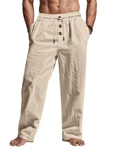Men's Solid Button-Detail Linen Long Pants, Casual Comfy Breathable Trousers for Beach Vacation, Men's Bottoms for Summer