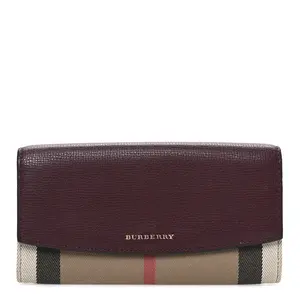 Pre-owned BURBERRY Leather Small Leather Goods Grainy Calfskin House Check Continental Wallet Mahogany Red