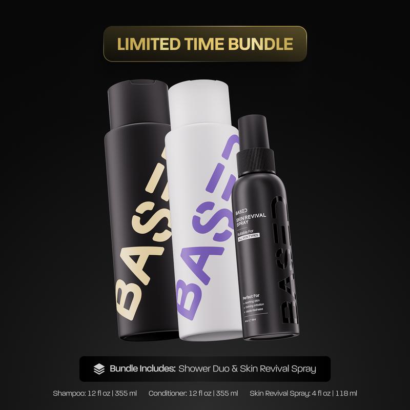 BASED Shower Duo + Skin Revival Spray | Shampoo, Conditioner, Hypocholorous Acid Spray | Gentle Cleanse, Nourishing Moisture | Non-Toxic, Natural, Effective.