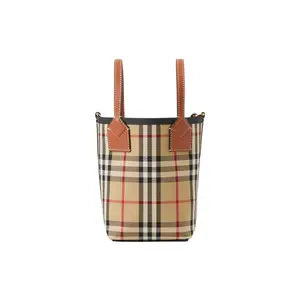 Burberry Mini Cotton Canvas Shoulder Bag with Detachable Adjustable Strap and Plaid Design for Women in Brown
