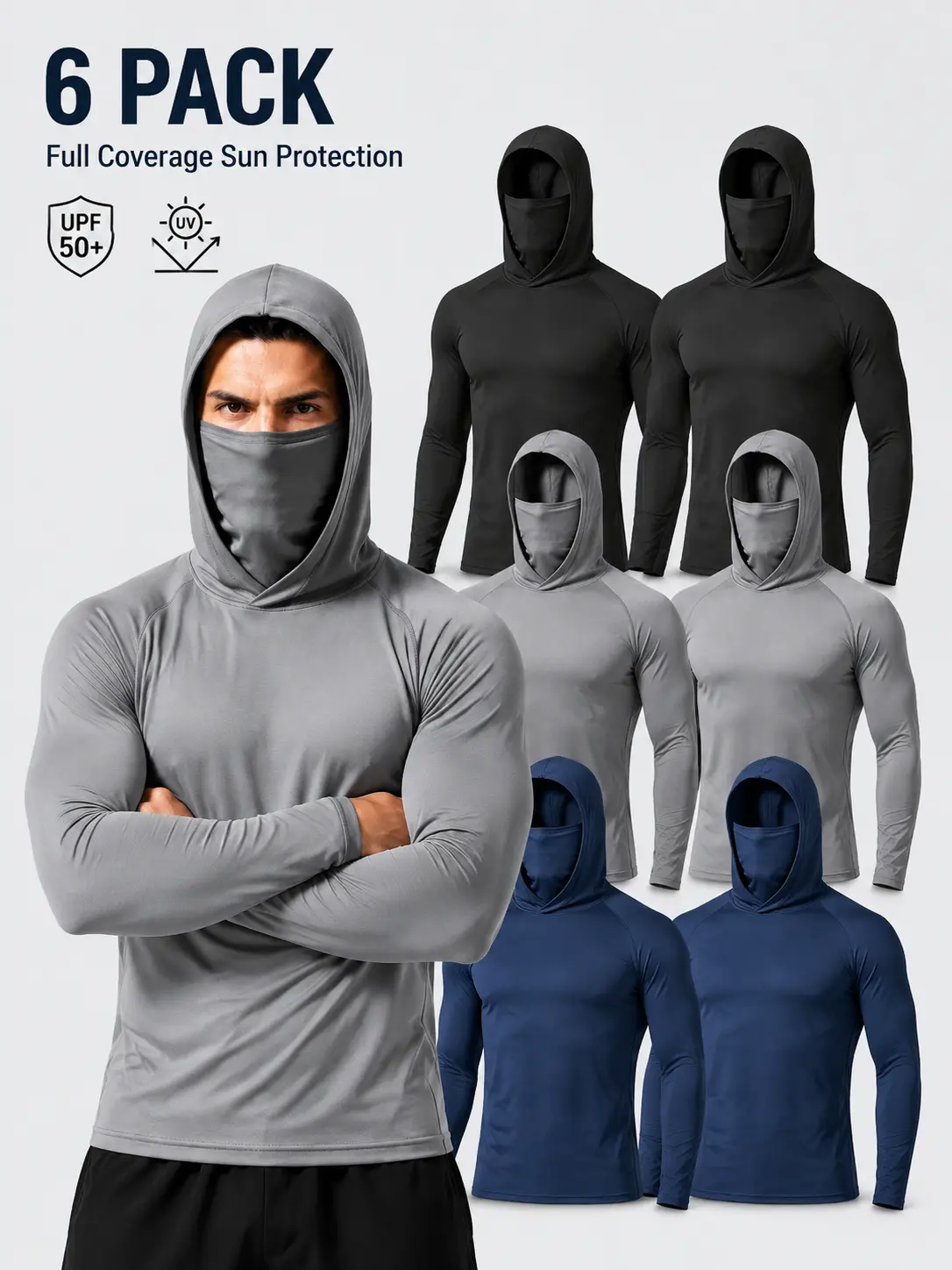 6/5/3 Pack Unisex Hooded Compression Shirts with Face Cover, Quick Dry Lightweight Long Sleeve Athletic Tops, Breathable Outdoor Sports Shirts for Men & Women Fishing, Hiking, Running, Cycling & Work | Camisetas Deportivas con Capucha para Adultos