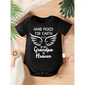 Cute Baby Bodysuit with Hand Picked For Earth By My Grandpa In Heaven Print Soft Versatile Round Neck Button Detail Regular Fit All Seasons Knitted Fabric Onesie for 0-12 Months