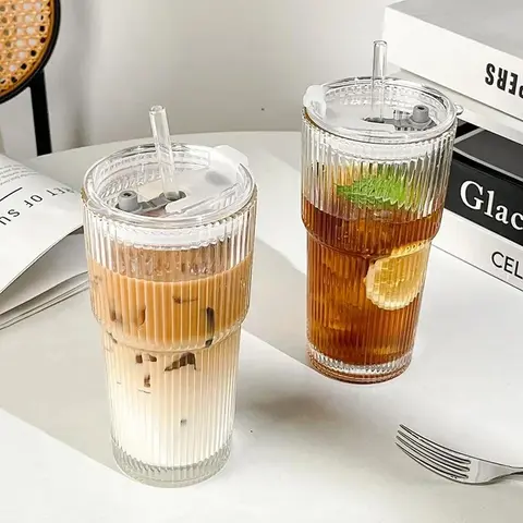 1pcs 600ml Covered Striped Glass Coffee Cup and Straw Transparent Cup, Clear Cups with Lids and Straws, Used for Milk Juice Tea Cups, Iced Coffee Cups, and Beverage Glass Cups, Drinkware, Glass Water Cup, Glassware Drinking Glasses