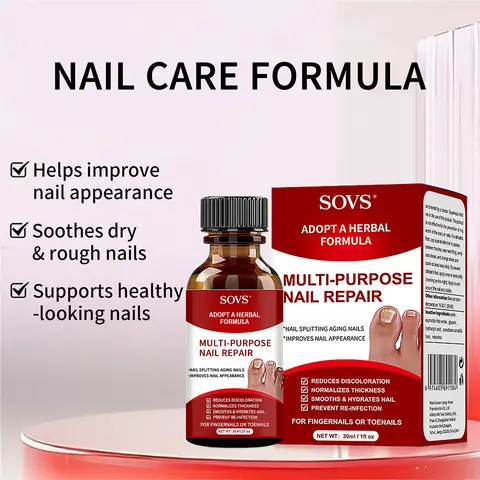 SOVS Extra Strength Gel Nail Repair Solution - Glycerin & Herbal Formula with Cnidium Monnieri, Dwarf Yellow Orchid, Euphorbia Hirta Whole, Smooth Daily Gentle Unisex Anti-Fungal Nail Care, 1 Fl Oz Travel Size for Home Manicure