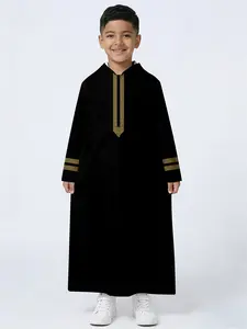 Gold Embroidered Hooded Robe, Boys, Muslim Traditional Middle Eastern Clothing, Comfortable Skin-Friendly, Perfect for Festive Prayers