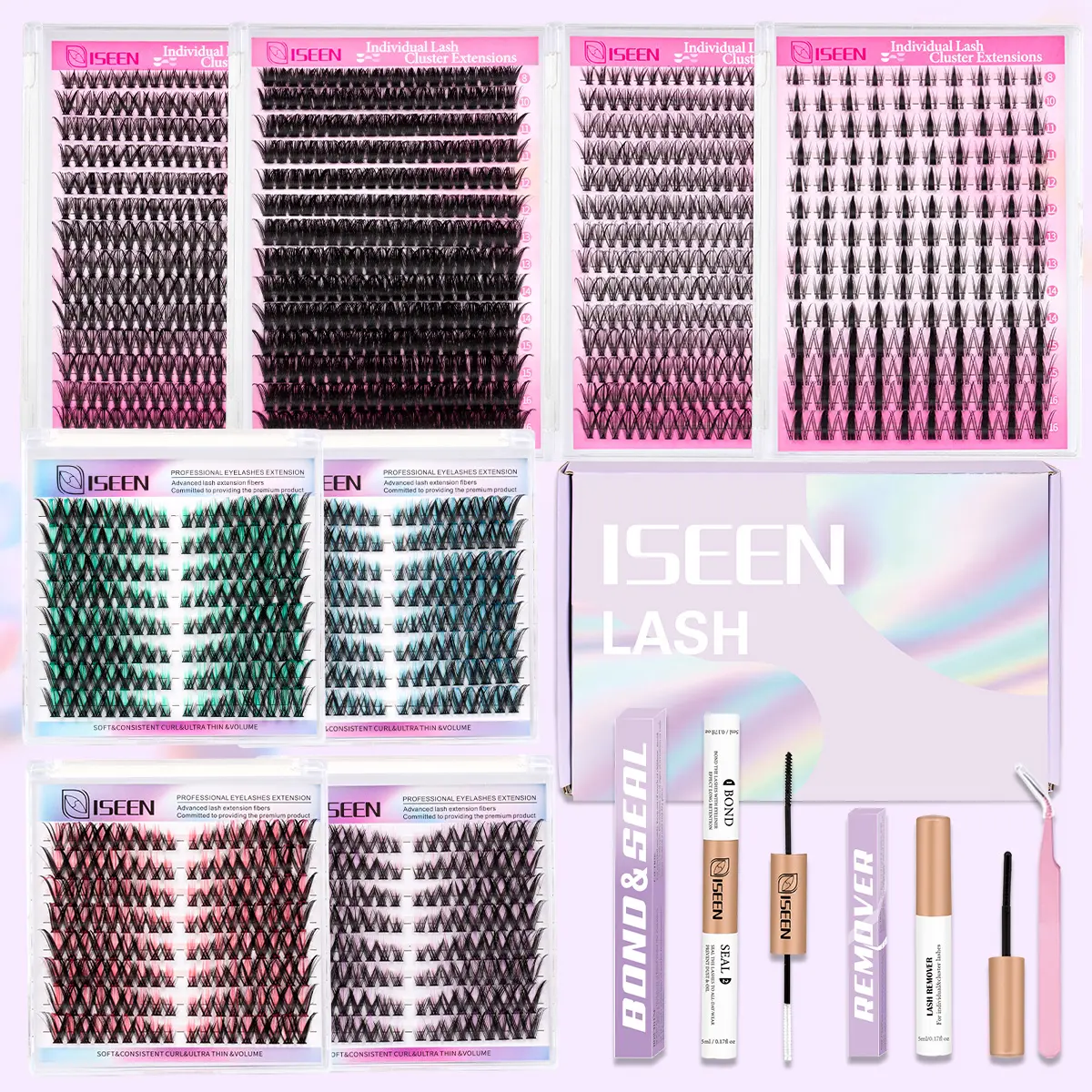 Large Capacity Eyelash Set, Longer Looking Eyelashes, DIY Lash Extension Kit, DIY Lash Clusters, Eyelash Extensions Set, Volume Cluster Lashes, Individual Eyelashes, 30D & 40D, Mixed Styles Multi-Lengths Includes 8 Boxes Glue Remover Tweezers