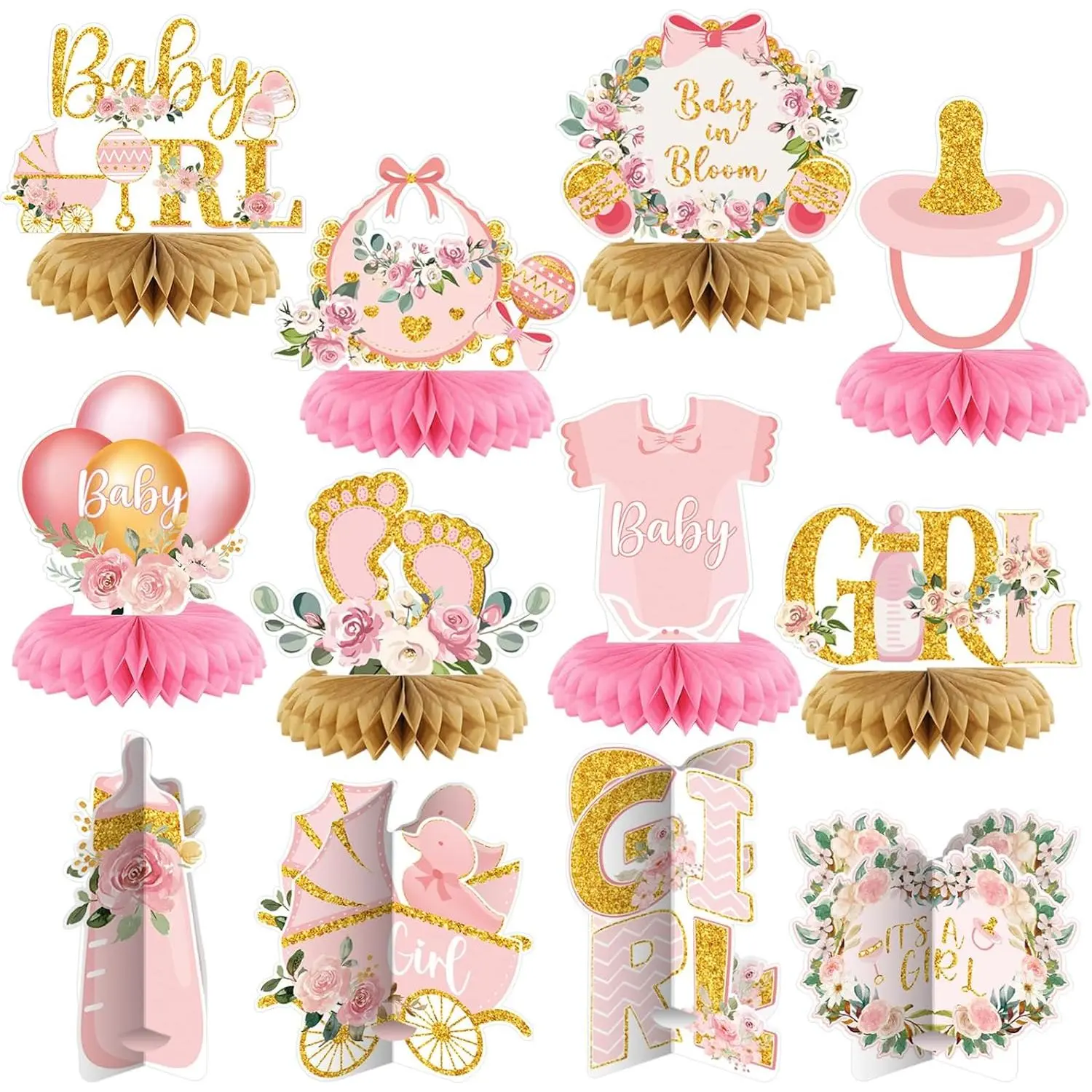 12 Pieces Pink Gold Girls Baby Shower Decorations Honeycomb Centerpieces Pink Flower Bottles Balloons Carriages Baby Shower Table Decorations Table Topper for Gender Reveal Party Supplies