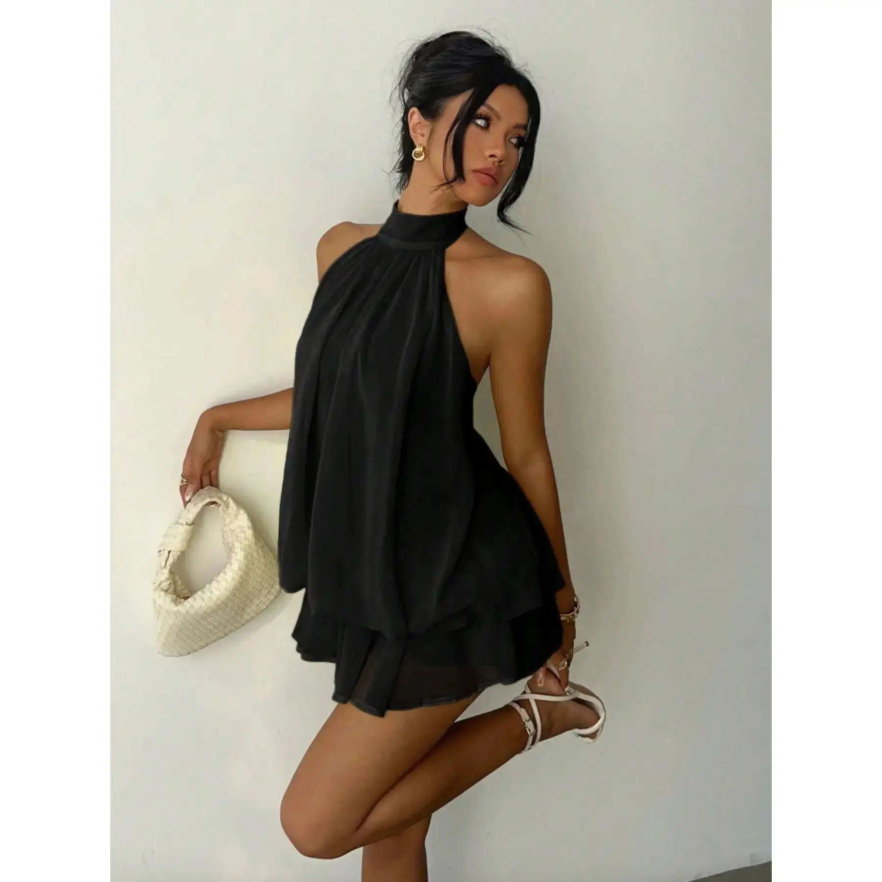 knee length dresses for ladies Cabaret Halter Mini Dress Black