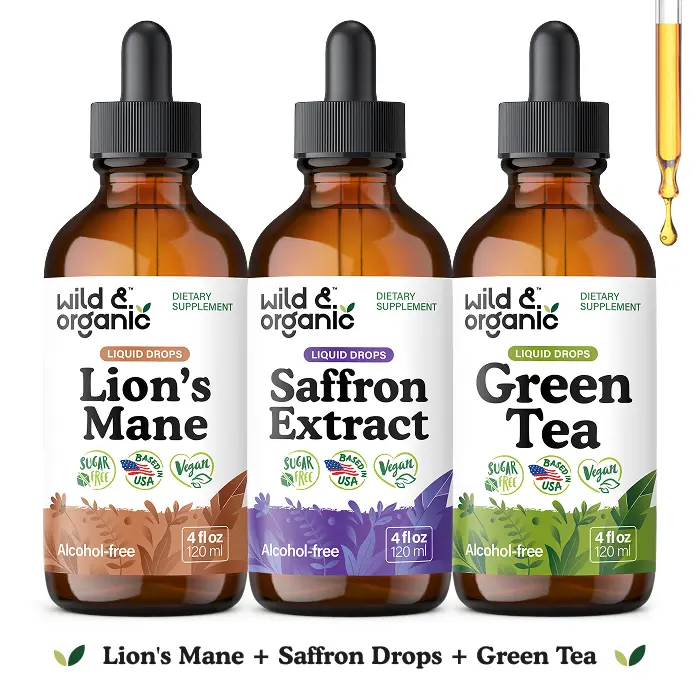 Wild & Organic Total Focus Bundle: Lion's Mane for Brain Support | Saffron Drops for Mood Balance | Green Tea for Energy Support - Vegan, Sugar & Alcohol-Free
