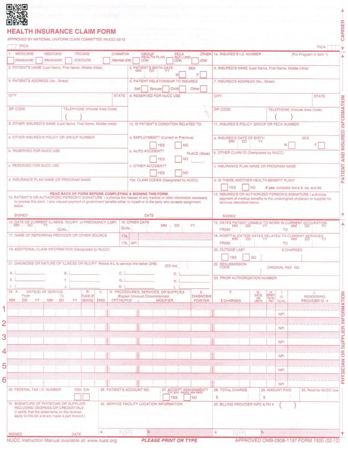 HCFA Ream CMS 1500 Claim Forms - HCFA (Version 02/12) (250 Sheets)