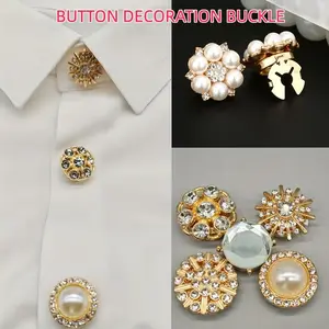 Metal Embellished Pearl Collar Pins, Anti-Slip Detachable Shirt Decorative Buttons, Fashion Versatile Clothing Accessories