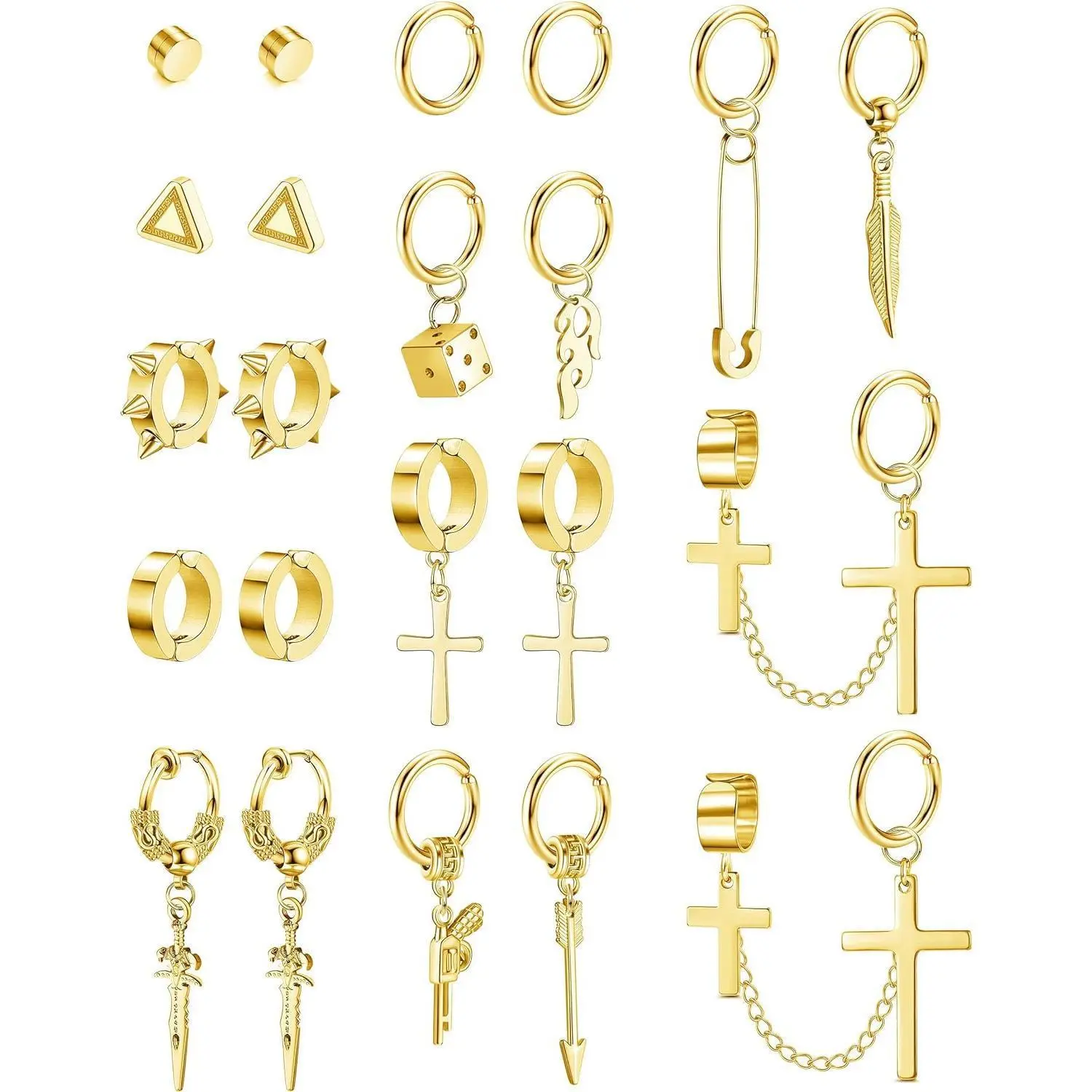 FINREZIO 22Pcs Stainless Steel Cross Chain Pendant Earring Non-Piercing Huggie Hoop Earrings Set Fake Earrings for Men Women Clip on Earrings for Men Black Fake Earrings Daily