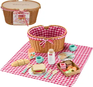 Wood Pretend Play Toy Picnic Basket, 31-Piece Wooden Food Playset for Preschool Kids Ages 3+ Years.