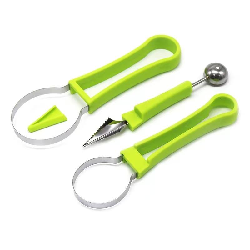 3-in-1 Stainless Steel Vegetable Fruit Cutter Set - Multifunctional Kitchen Utensil with Auto-Spinning Slicer, Melon Baller Scoop, Watermelon Cutter, Seed Remover for Fruit Salad, Party Prep,home essentials
