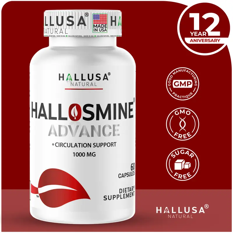 HALLUSA NATURAL HALLOSMINE ADVANCE Diosmin 90% Power Capsules - 1000mg x 60, Easy to Take, Sugar-Free, Gluten-Free, Non-GMO, GMP-Certified, USA-Made Dietary Supplements for Adults' Circulation Support, Capsule Supplements