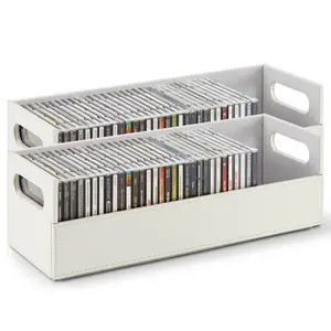Stock Your Home 2- Pack CD Storage Box, Organizer Shelf for Movie Cases, DVDs, Cassette Tape Display Stand, Disc Holder Can Store Up to 40 CDs, Faux Leather (White with White Interior)