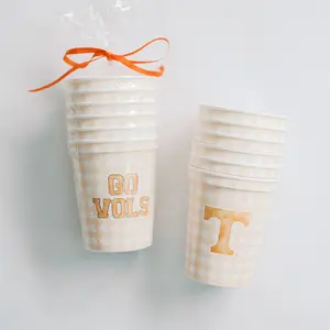 Orange and White TN Stadium Cup Set - 16 oz Full Color Reusable Cups with Orange Gingham Pattern for Tailgates Parties & Everyday Use Set of 6 Cups with Orange Bow Ideal for Gift