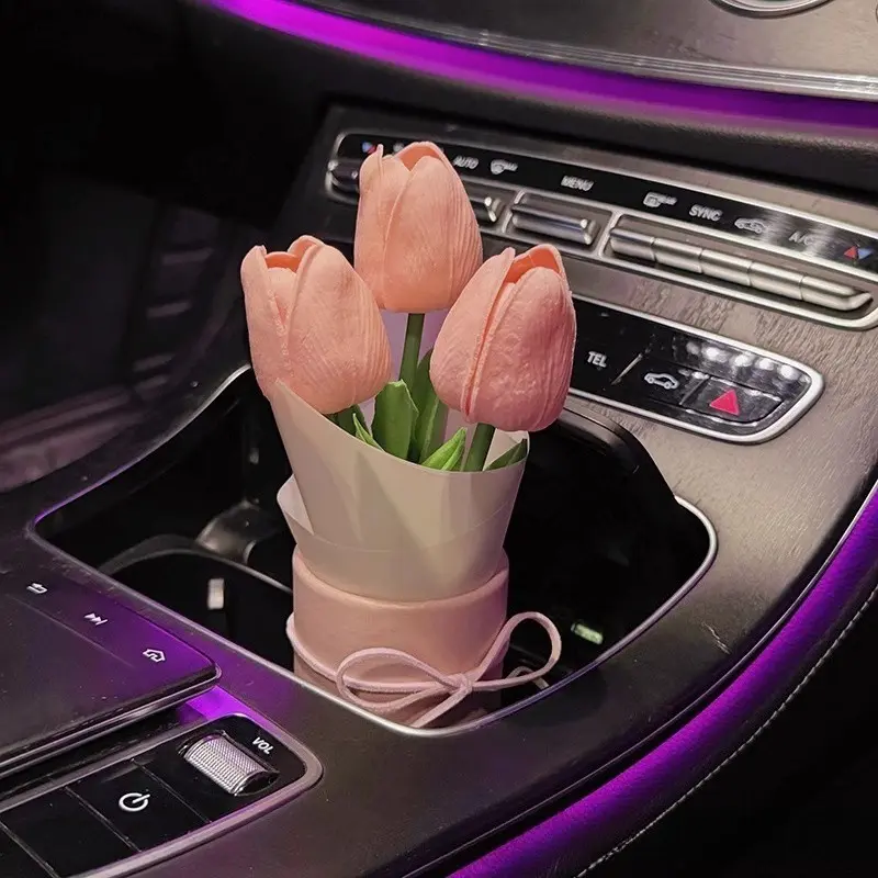 Ins Style Tulip Car Ornament Cute Elegant Auto Interior Decoration Fashion Aesthetic Car Dashboard Decor Accessories For Women Car Interior Ornaments Car Interior Decorative