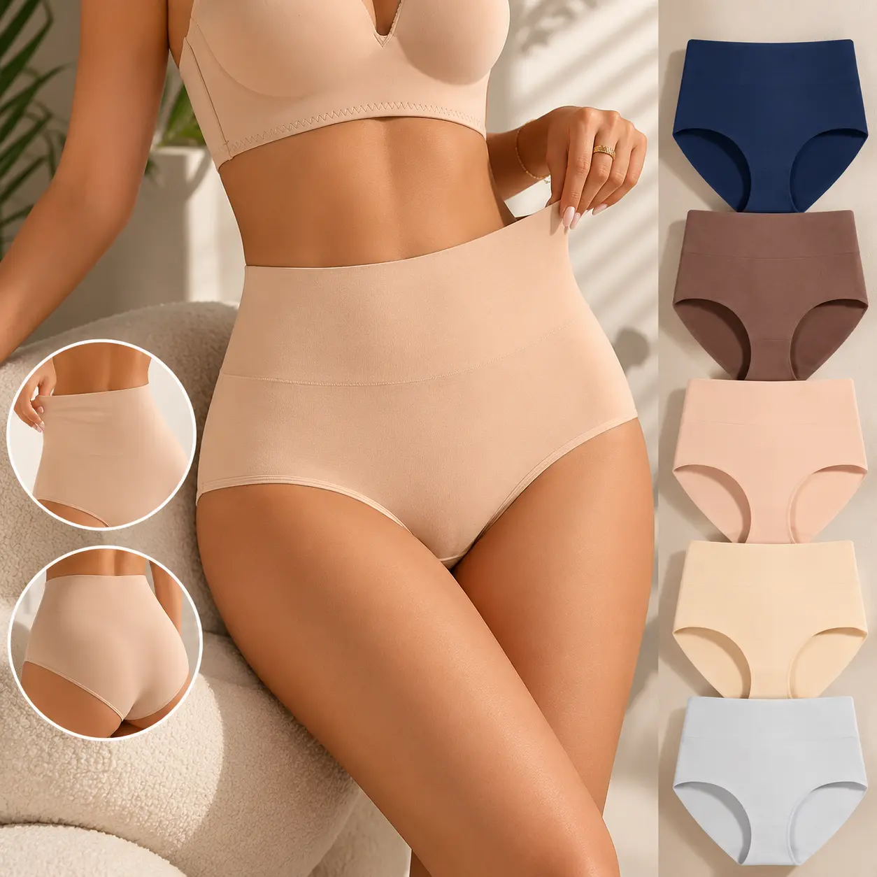 High Waist Slight Tummy Control Cotton Underwear 5 Pack Soft Full Coverage Daily Wear Ladies Brief Panties Fit Outfit