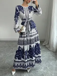 Elegant Floral Print A-Line Dress, Fitted Round Neck Long Sleeve Woven Fashion for Spring & Fall, Casual Chic Women's Clothing Womenswear